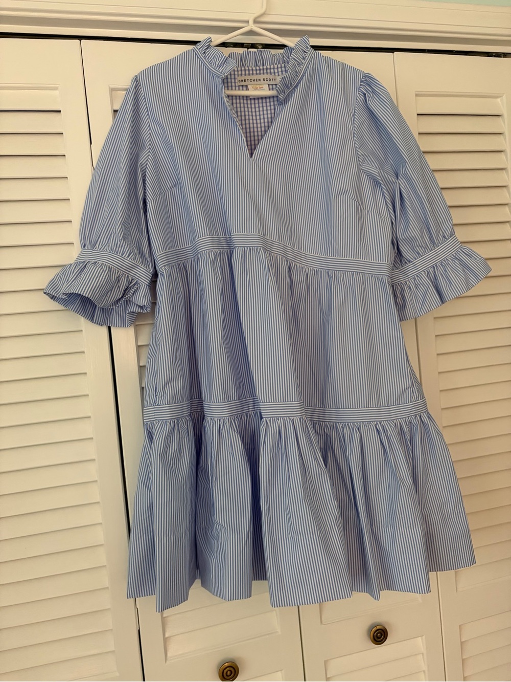 Gretchen Scott Blue and White Striped Tiered Dress